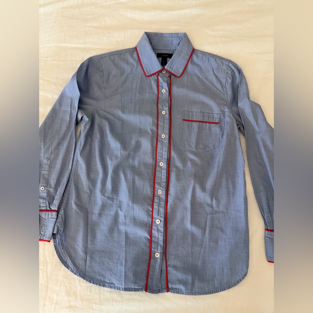 Blue “Pajama” Style Button-Up Shirt with Red Piping in 100% Cotton